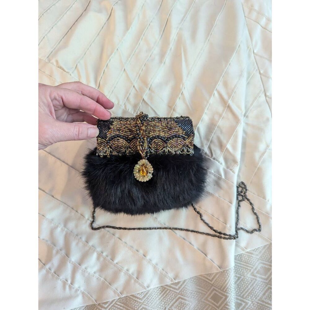 Vintage Mary Frances Black Fur Jewel Embellished Handbag Purse Crossbody